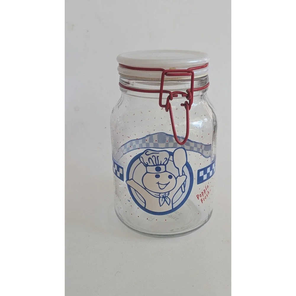 Vintage Pillsbury Doughboy Glass Canister Red Bail Poppin Fresh Polka Dot Jar